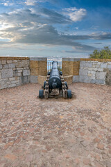 Military Heritage Centre of Gibraltar. Old historical cannon battery at the top of The Rock of Gibraltar. No people, beautiful sunshine, amazing blue sky above. UK                        