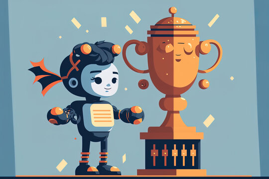 winning a robotics tournament as a student. Kid and robot clutching trophy while standing on winners podium. flat graphic image for principles in engineering, programming, and success. Generative AI