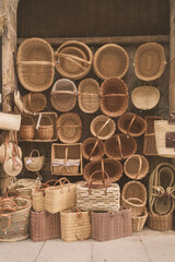 Stall selling handmade baskets on the street. Segovia, Spain. 
