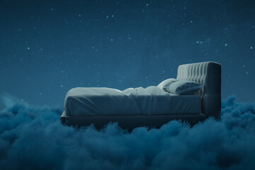 Cosy bed over fluffy clouds at night. 3D Rendering