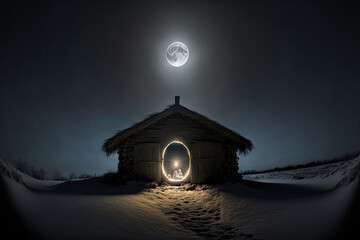The moon illuminates Jesus Christ's Christmastime manger. Generative AI