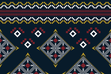Ethnic fabric pattern geometric style. Sarong Aztec Ethnic oriental pattern traditional Dark navy blue background. Abstract,vector,illustration. Use for texture,clothing,wrapping,decoration,carpet.