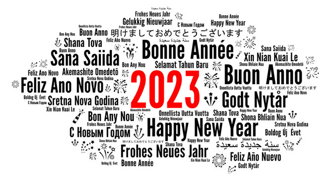 Happy New Year 2023 word cloud in different languages 