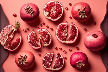 a bunch of pomegranates on a pink surface with a pink background and a pink background.
