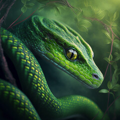 Fototapeta premium Portrait of a green snake. Valentine's day concept. Generative AI.