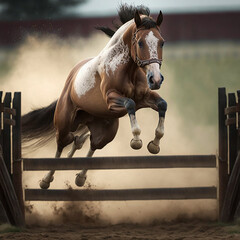 Obraz premium Horse jumping a fence. Generative AI.