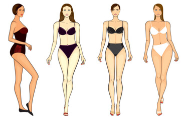 Fashion illustration of outline model girls in lingerie, vector set, isolated, on white background.