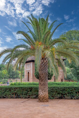 Fototapeta premium Alhambra de Granada. Palace and fortress of Granada. Ramparts, interiors, buildings, towers, courtyards of a medieval fortress in the Arab, Moorish style. 