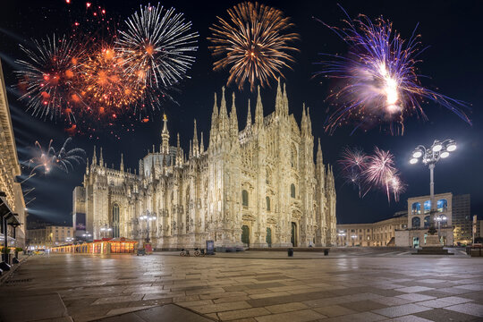 Milan, Italy - April 2022, 09: fireworks on Piazza del Duomo di Milano in perfect new year style. No people are visible.