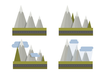 Set of simple geometric gray mountains with clouds and rain
