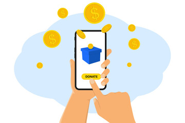 Donate online concept. Hand holding mobile smart phone with donation box on a display. Falling coins into donation box on a phone display. Charity fundraising concept. Vector illustration