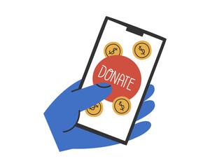 Hand drawn cute illustration of hand with phone and donate button. Flat vector online giving money to charity in simple colored doodle style. Philanthropy, volunteer sticker, icon or print. Isolated.