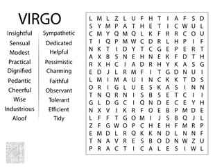 Fun Birthday Word Search Puzzle Game - Zodiac Sign Virgo Traits and Characteristics