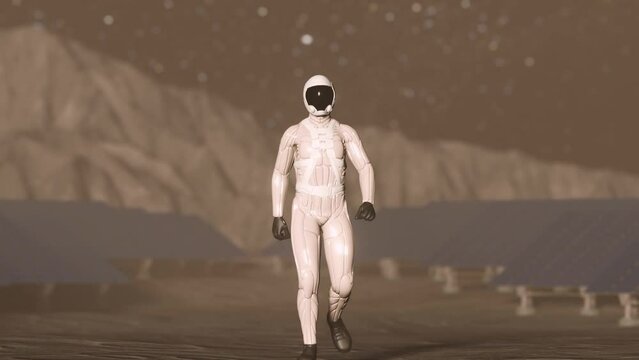 Astronaut Walking On The Moon With Solar Panel Land, 3D Animation.