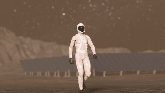 Astronaut Walking On The Moon With Solar Panel Land, 3D Animation.