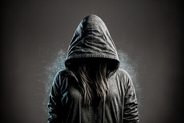 Fototapeta na wymiar Hacker woman standing in front of a digitally enhanced, gray background. Generative AI