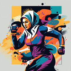 Illustration einer muslemischen Frau beim Sport, Generative AI 