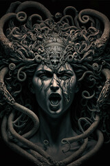 medusa gorgon, dark fantasy, statue, art illustration