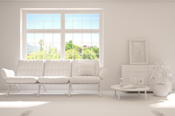 Mock up of stylish room in white color with sofa and green landscape in window. Scandinavian interior design. 3D illustration