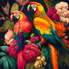 Background of some parrots on a tropical background. Generative AI.