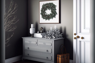 Illustration mockup of a gray home with a dresser and decorations. Generative AI
