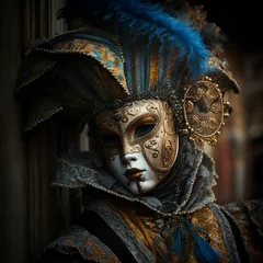 Rolgordijnen Person with a typical mask of the Venetian carnival. Venice carnival concept. Generative AI. © DALU11