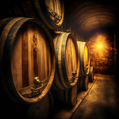 Cellar with wine barrels. Generative AI.