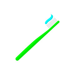 Green toothbrush with blue paste icon. Protection hygiene product with healing gel for mandatory oral care with treatment and prevention vector teeth