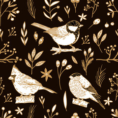 Seamless Christmas pattern with fir branches, flowers, birds. Drawn winter birds: northern cardinal, titmouse, bullfinch. Vector illustration for wrapping paper design, background, textile, wallpaper.