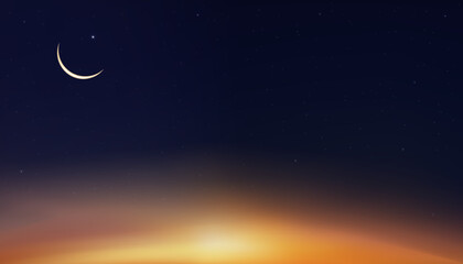 Obraz na płótnie Canvas Islamic background,Ramadan Kareem greeting card design with Crescent Moon on Sunset Sky background,Vector religions symbolic of Muslim for Eid Mubarak,Eid al adha.Eid al fitr,Islamic new year Muharram