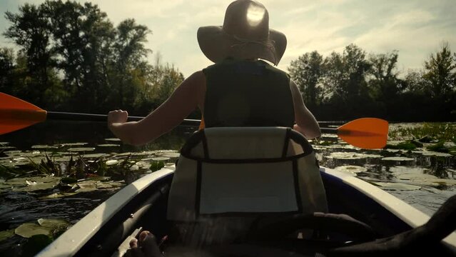 kayaking on lake. exploring river on canoe