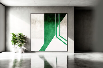 Abstract interior of white and brown concrete with shiny green lines. and . Generative AI