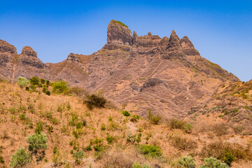 Fototapeta na wymiar A picturesque mountain landscape in the sunshine in the center of the island of Santiago, Cape Verde
