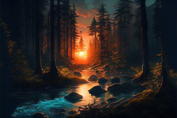 Obraz premium Beautiful Anime Sunset Scenery Forest. AI generated art illustration.