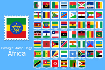 African Continent Country Flags Postage Stamps with drop shadow.  Vector illustration set.