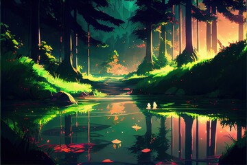 Beautiful Anime Sunset Scenery Forest. AI generated art illustration.