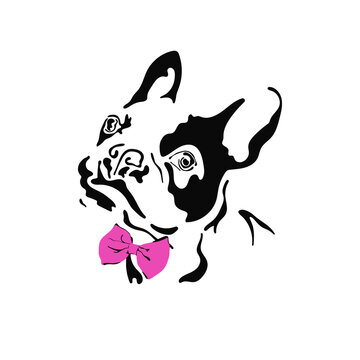 Vector illustration of a hand drawn silhouette of a french bulldog with a pink bow. Black dog template. Isolated on white background.