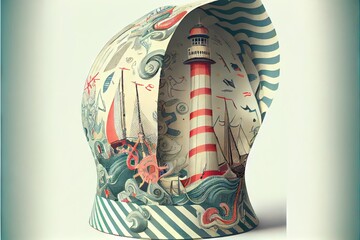 Sea-themed pattern anchor helm lighthouse. AI generated art illustration.