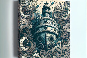 Sea-themed pattern anchor helm lighthouse. AI generated art illustration.