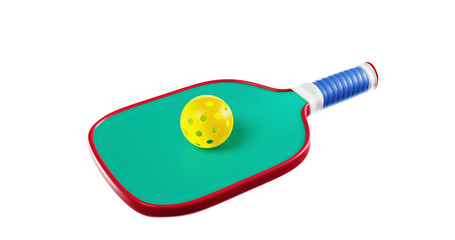 Pickleball racket paddle with ball on transparent background. Close-up 3D rendering