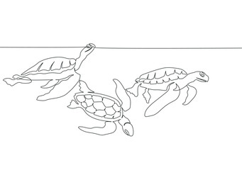 Three sea turtles under ocean surface made in the one continuous line art technique. Minimalistic black and white image.