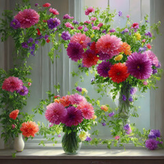 flowers on a window sill, AI generated