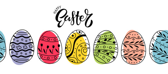 Happy Easter calligraphy lettering and colorful painted easter eggs. Vector Seamless doodle sketch illustration, design elements for wrapping, background, wallpaper, invitations for Easter holiday.