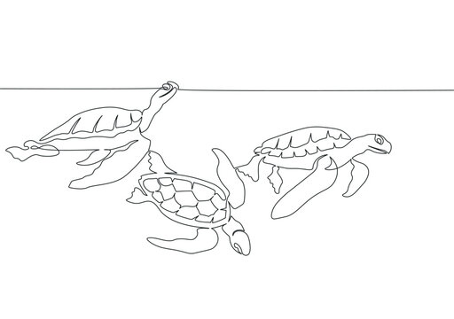 Three sea turtles under ocean surface made in the one continuous line art technique. Minimalistic black and white image.