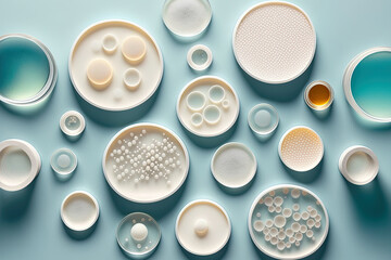 A background of white with petri dishes. Bioscience, natural medicine, and organic skin care products. flat lay, top view. Scientific glassware for laboratories. Concept of research and development