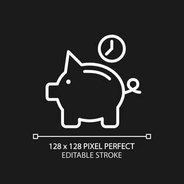 Save money for future pixel perfect white linear icon for dark theme. Retirement savings. Piggy bank. Thin line illustration. Isolated symbol for night mode. Editable stroke. Arial font used