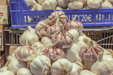 Main Food Market in Malaga Atarazanas Mercado. Close up of stalls full of healthy mediterranean Spanish traditional food. Fruits, vegetables, meat, seafood, etc                                        