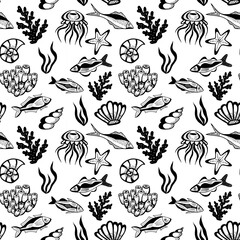 Hand drawn sketch sea animals fish background. Vector seamless doodle style pattern with fish and sea animals in black and white.