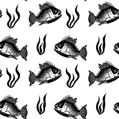 Hand drawn sketch sea fish background. Vector seamless doolle style pattern big black fish on white background