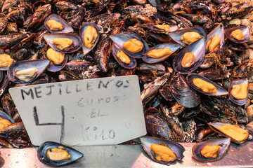 Main Food Market in Malaga Atarazanas Mercado. Close up of stalls full of healthy mediterranean...